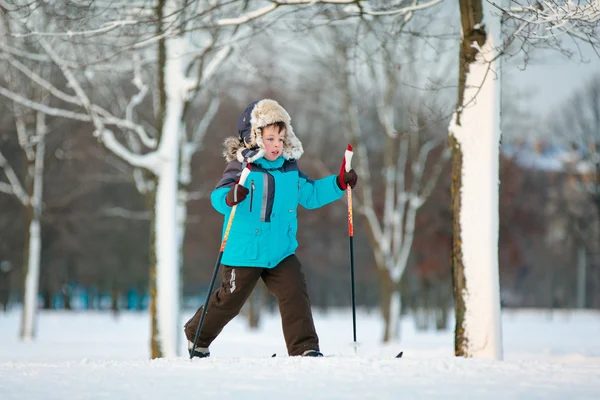 Cute little boy skiing on cross — Stock Photo, Image