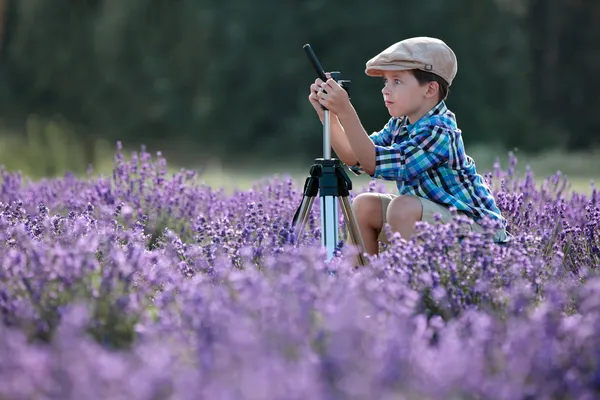 Menino bonito no campo de lavanda — Fotografia de Stock