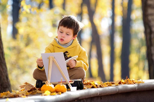 Симпатичный маленький мальчик рисует в золотом осеннем парке — стоковое фото
