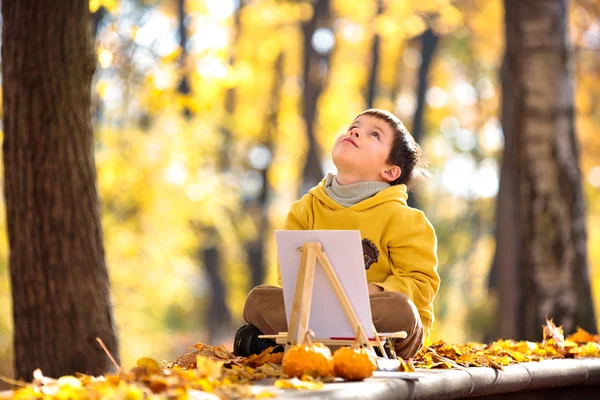 Milý chlapeček, malování v golden podzimní park — Stock fotografie