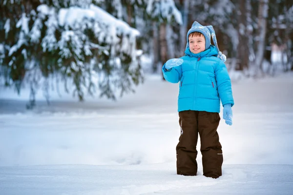 Söt liten pojke spelar på vintern skog — Stockfoto