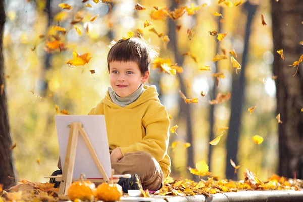 Schattig vijf jaar oude jongen met plezier in herfst park — Stockfoto