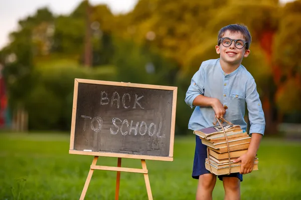 Cute little schoolboy reading book — Stock Photo, Image