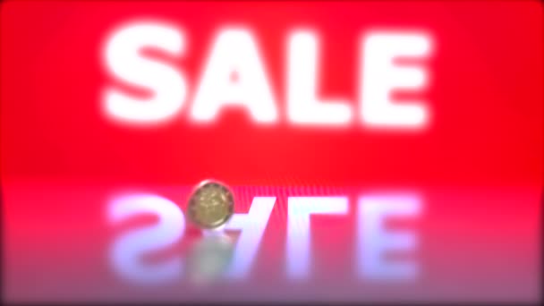 Revolving Euro Coin Red Backdrop Sale Word Blurred Sale Background — Stock Video