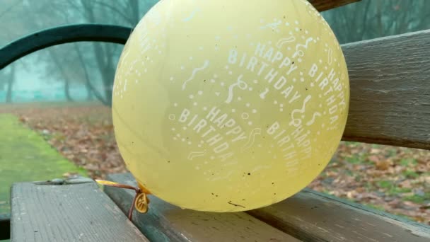 Gouden Helium Ballon Gefeliciteerd Helium Ballon Een Bankje Een Stadspark — Stockvideo