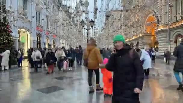 Moscow Russia 2022 Time Lapse Video Nikolskaya Street Christmas Holidays — Stockvideo