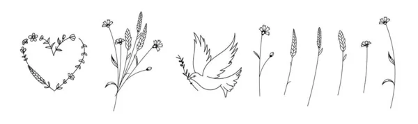 平和を意味する花鳥の心臓とシルエットのセット — ストックベクタ