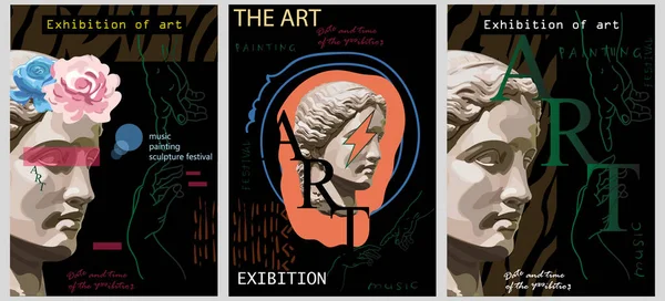 Resim, heykel ve müzik sergisi için sanat posterleri. Soyut arkaplan, Yunan heykeli, dergi veya kapak modelinin vektör illüstrasyonu.