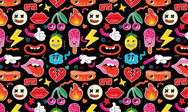 Seamless pattern with stickers with funny cartoon characters. Big set of comic elements in trendy retro cartoon style. — Archivo Imágenes Vectoriales