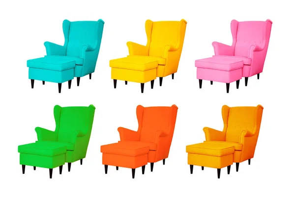 Cómodos sillones de diferentes colores aislados sobre fondo blanco —  Fotos de Stock