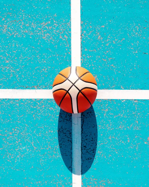 Close Orange Basketball Markup Blue Court Team Sport Concept View — Stock Photo, Image
