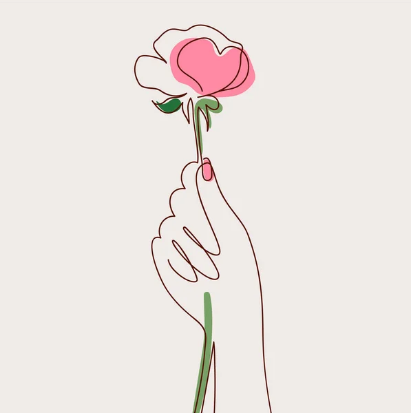 One Line Abstract Art Drawing Woman Hand Holding Rose Flower — 스톡 벡터