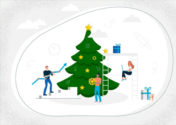 A group of young people, young men and woman decorate a Christmas tree. Business work, achieving goals and results. Editable vector illustration EPS 10.