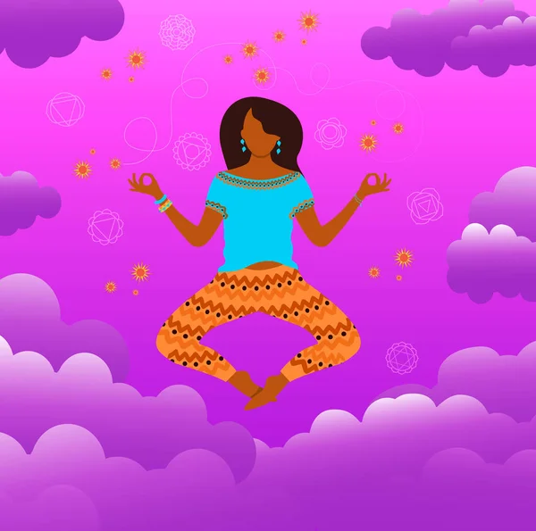 Young Woman Practicing Yoga Meditation Sky Background Clouds — стоковый вектор