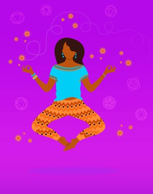 Young adult indian woman practicing yoga and meditation flying in air on background with chakras