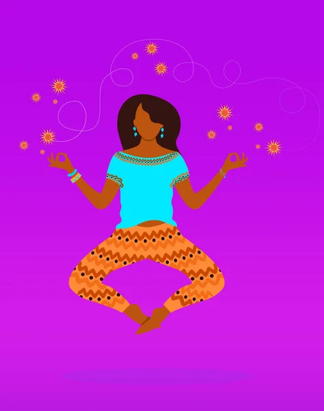 若いです大人インド人女性練習ヨガと瞑想飛行で空気に紫の背景 — ストックベクタ