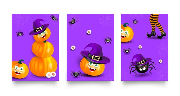 Conjunto Pancartas Halloween Carteles Invitaciones Fiesta Fondo Púrpura Con Caras — Vector de stock