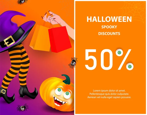 Promoção Presente Halloween Banner Cupom Convite Festa Com Abóbora Laranja — Vetor de Stock