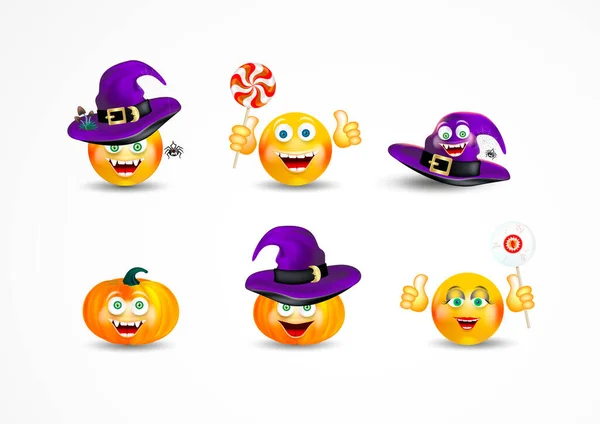 Ensemble Émoticônes Halloween Drôle Heureux Portant Chapeau Sorcière Montrant Pouce — Image vectorielle