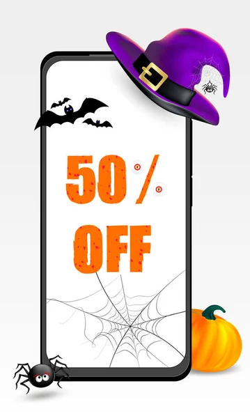 Feliz Feriado Halloween Anúncio Banner Vertical Com Telefone Mock Texto — Vetor de Stock