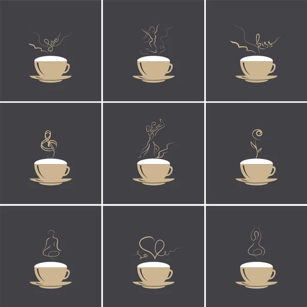 Egy Sor Csésze Egy Kávé Ital Hab Gőz Formájában Különböző — Stock Vector