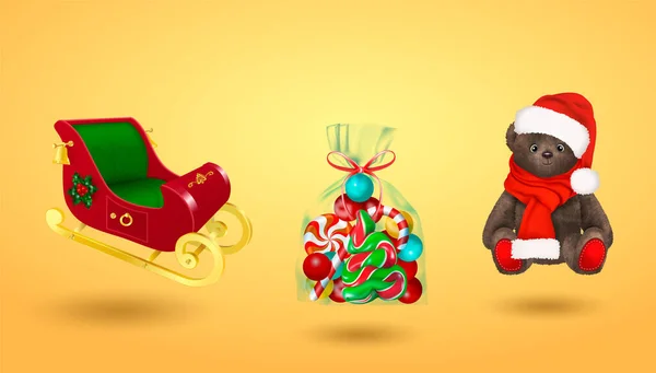 Kerstmis Nieuwjaar Set Realistische Design Objecten Santa Claus Gouden Slee — Stockvector
