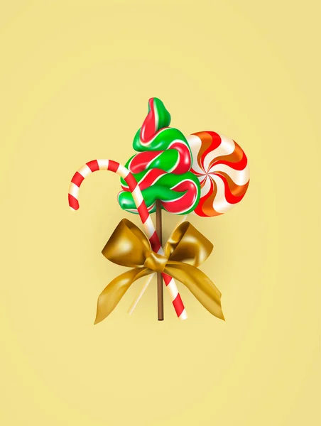 Set Von Süßen Bonbons Mit Goldenem Satinband Mit Schleife Weihnachten — Stockvektor