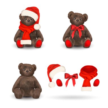 Noel Baba kostümü giymiş sevimli oyuncak ayıcıkların gerçekçi vektör seti. Tasarım için nesneler ve elementler. Düzenlenebilir Vektör illüstrasyonu.