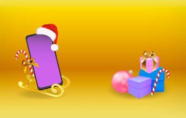 Mutlu Noeller, hediye kutuları, cep telefonu ya da Noel Baba şapkalı akıllı telefon modeli, altın kızakta şeker kamışı. Düzenlenebilir Vektör illüstrasyonu.