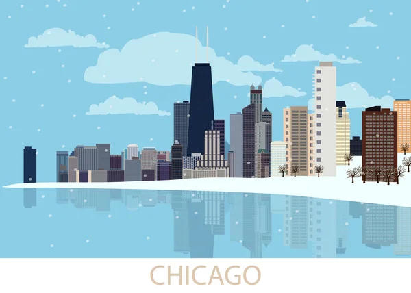 Snowing Chicago City America Winter Panorama Western City Nodern Architecture — Stock Vector