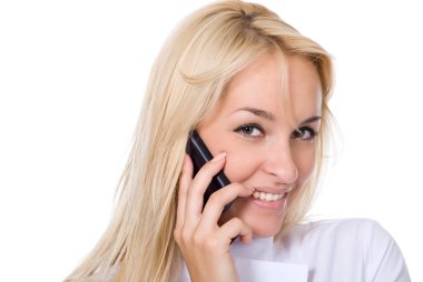 genç gülümseyen güzel kadın hemşire görüşmeler cep telefonuyla