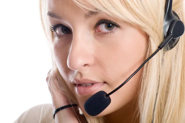 Portrait of beautiful woman with headphones with microphone — Stock Photo, Image