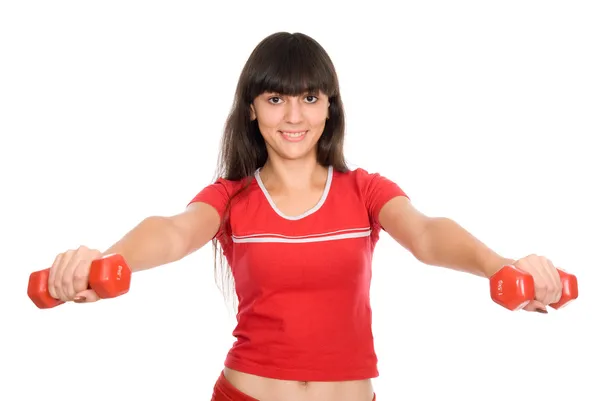 Woman with dumbbells at arm's length. Active sporty life, wellne — Stock Photo, Image