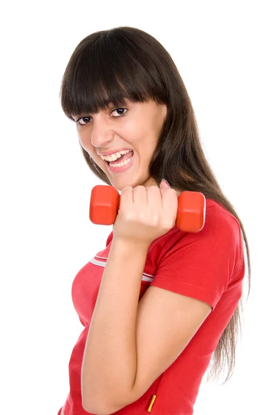 Girl with dumbbell in hand — Stock Photo, Image