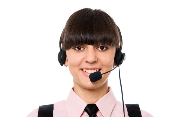 Closeup portrait of beautiful young customer service agent with — Stock Photo, Image