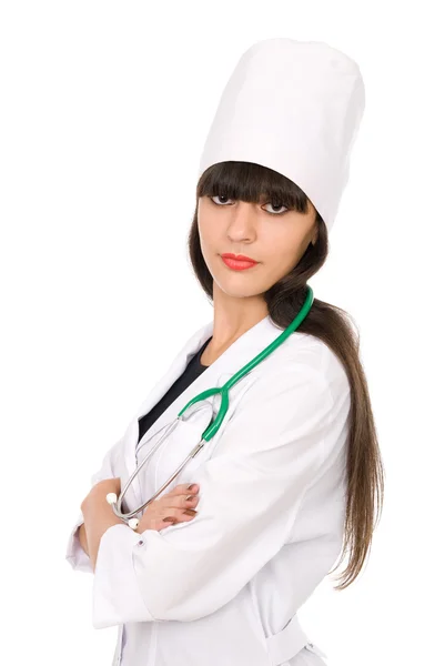 Portrait of a doctor with a stethoscope in the hood — Stock Photo, Image