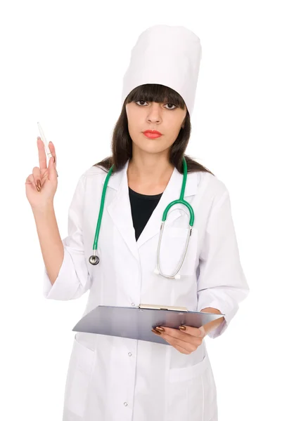 Médica feminina segurando uma área de transferência — Fotografia de Stock