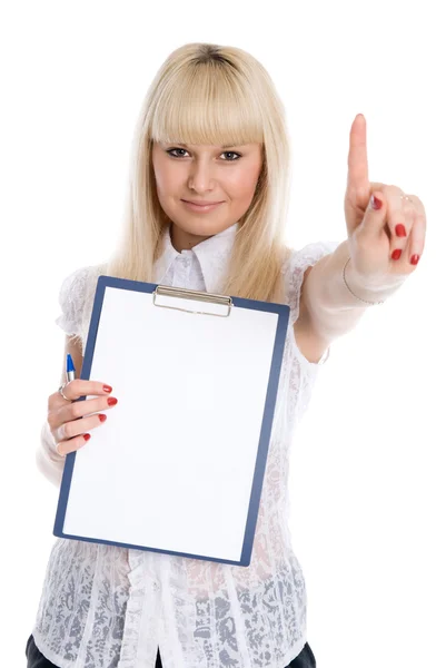 Bella ragazza con un foglio di lavoro — Foto Stock