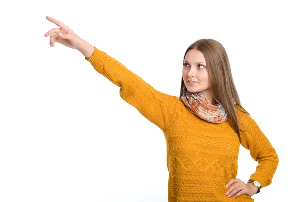 The girl shows a finger up — Stock Photo, Image