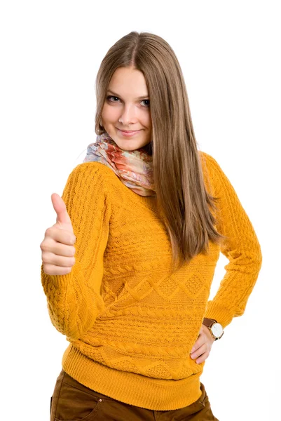 Teenager girl shows a thumbs up — Stock Photo, Image