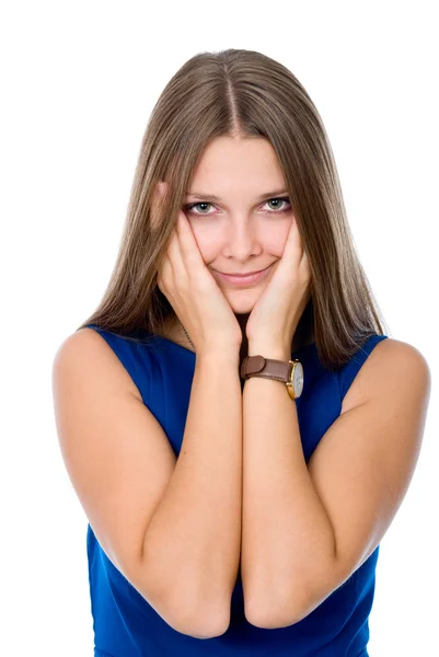 Girl with hands against cheeks — Stock Photo, Image