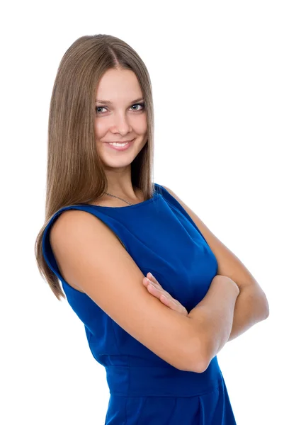 Portrait of young smiling female standing with folded hands — Stock Photo, Image