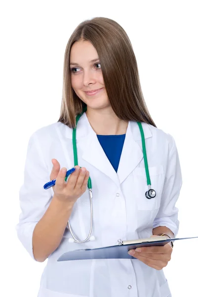 Female doctor pointing to a good analysis — Stock Photo, Image