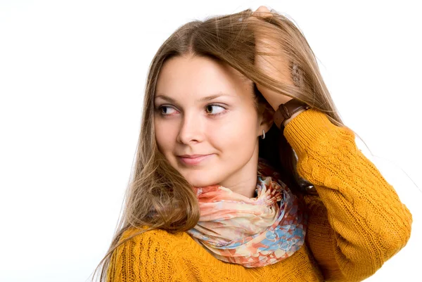 Portret van een mooie jonge vrouw op zoek opzij. — Stockfoto