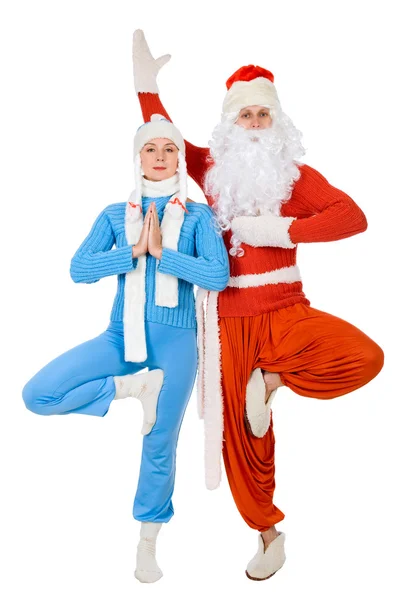 Santa Claus and the Snow Maiden of yoga. — Stock Photo, Image