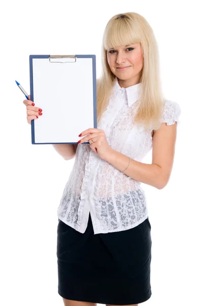 Beautiful young woman holding a blank sheet — Stock Photo, Image