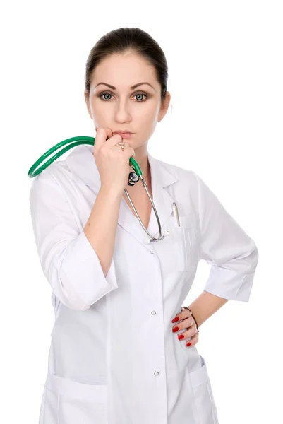 Pensive nurse with a stethoscope chin — Stock Photo, Image