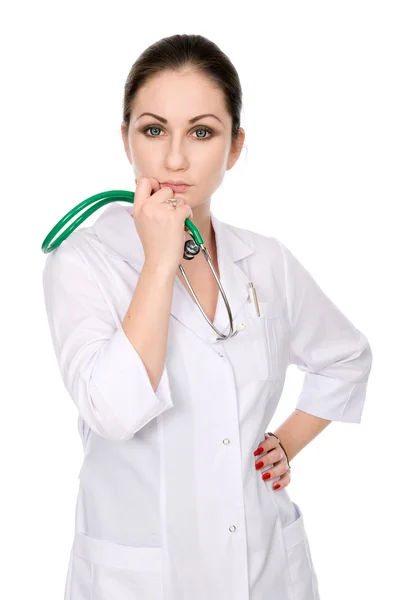 Pensive nurse with a stethoscope chin — Stock Photo, Image