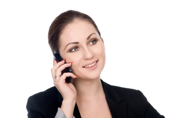 Glad affärskvinna koncentrerar sig på mobiltelefon samtal — Stockfoto