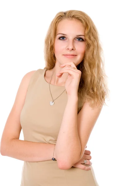 Portrait of a beautiful blonde in a beige jacket — Stock Photo, Image